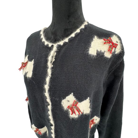 Vintage Talbots Button‎ Black Sweater Cardigan Scottie Terrier Dog Bells Bow PL - Picture 1 of 8
